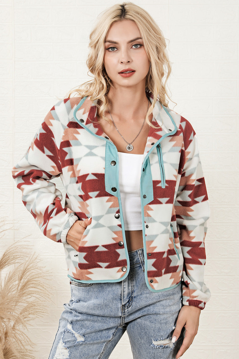 Red Geometric Aztec Pattern Plus Size Fleece Jacket