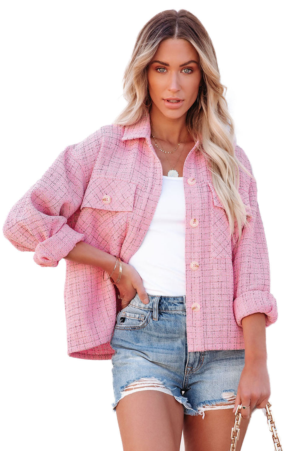 Veste boutonnée en tweed à carreaux rose