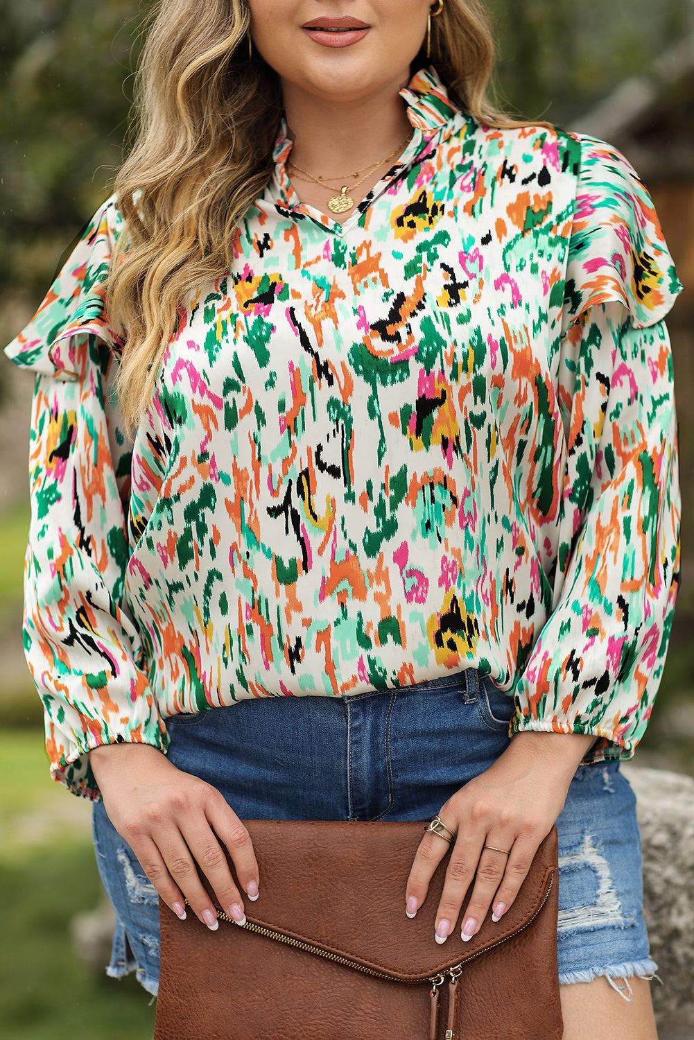 Multicolor Abstract Print 3/4 Puff Sleeve Ruffle Blouse