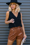 Faux Leather Pleated Casual Shorts