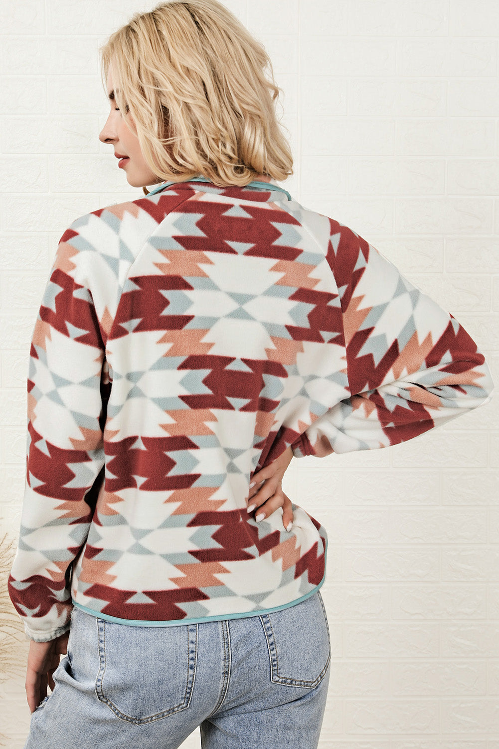 Veste Polaire Rouge à Motif Aztèque Géométrique Grande Taille