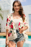 Floral Print Scalloped Lace Splicing Kimono