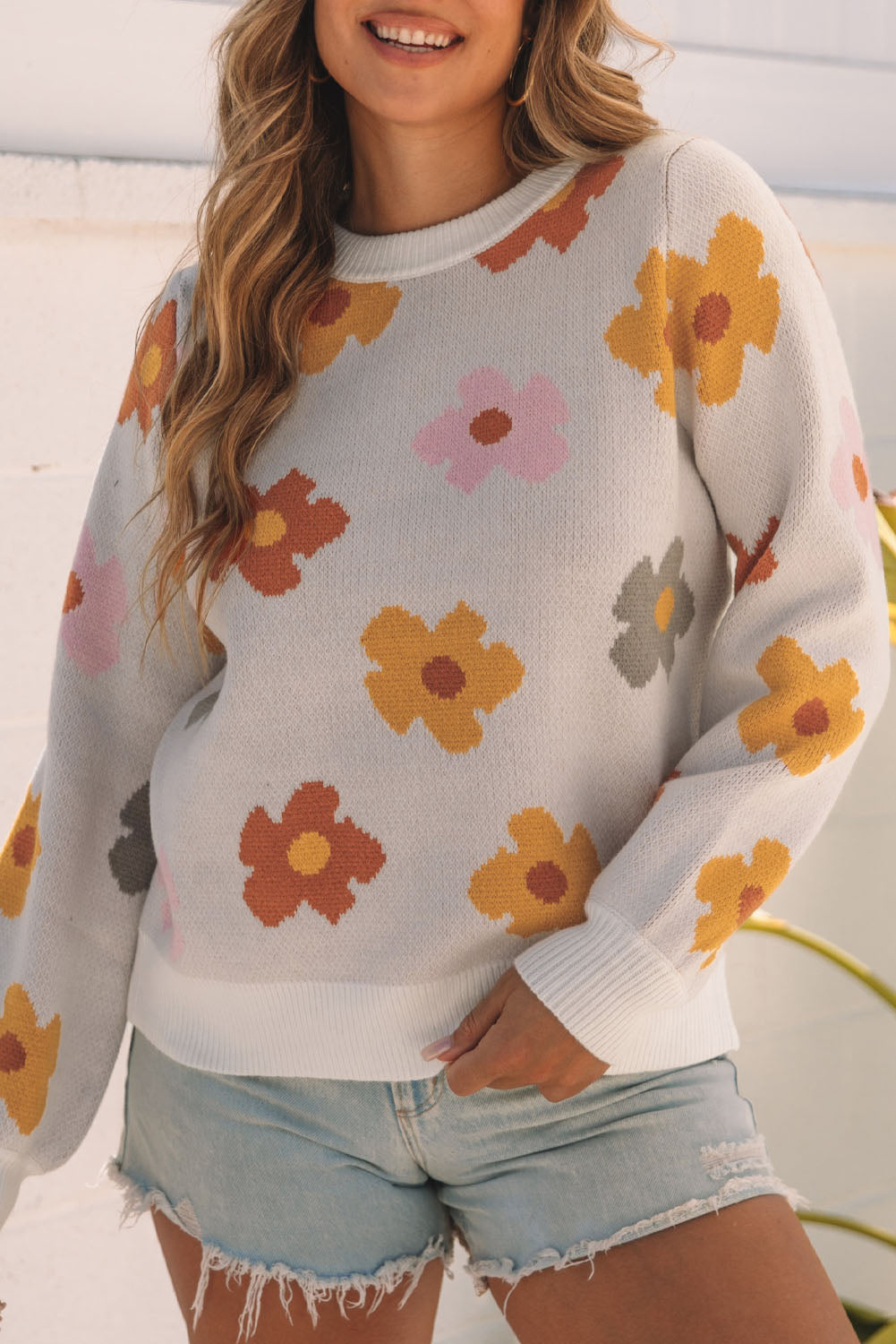 Sweet Flower Knitted Ribbed Hem Sweater