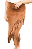 Fringe Asymmetric Wrap Suede Midi Skirt