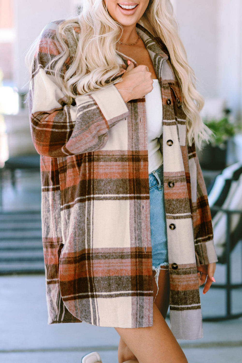 Brown Plus Size Plaid Flap Pockets Shacket