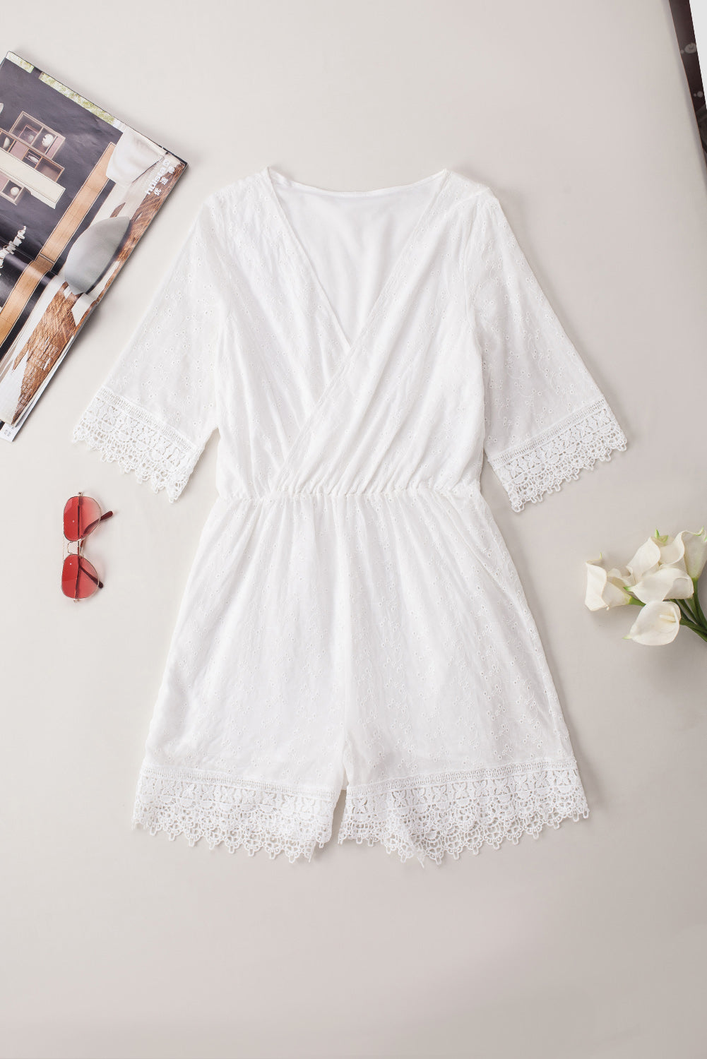 V Neck Lace Trim Embroidered High Waist Romper