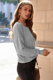 Green Textured Knit Round Neck Dolman Sleeve Sweater