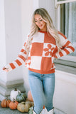 Green Checkered Floral Print Striped Sleeve Sweater