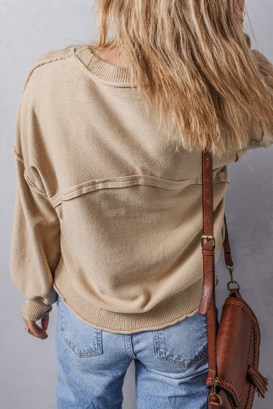 Apricot Raw Edge Patch Pocket Exposed Seam Loose Sweater