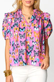 Purple Butterfly Print Ruffled Puff Sleeve Tied V Neck Blouse