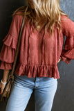 Swiss Dot Lace up V Neck Ruffled Blouse