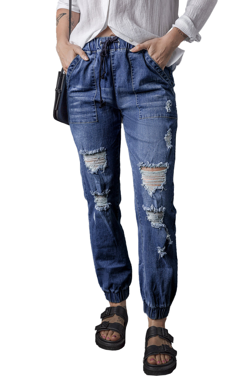 Pantalon de jogging en denim effet vieilli bleu avec poches