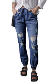 Blue Pocketed Distressed Denim Joggers