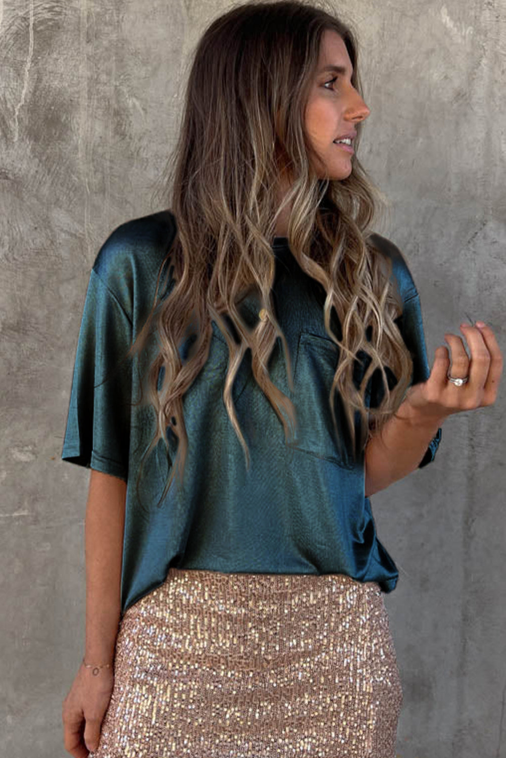 Glitter Chest Pocket Round Neck Long Sleeve Top