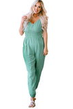 Shirred High Waist Sleeveless V Neck Jumpsuit