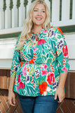 Floral Tie Split Neck Plus Size Peplum Blouse