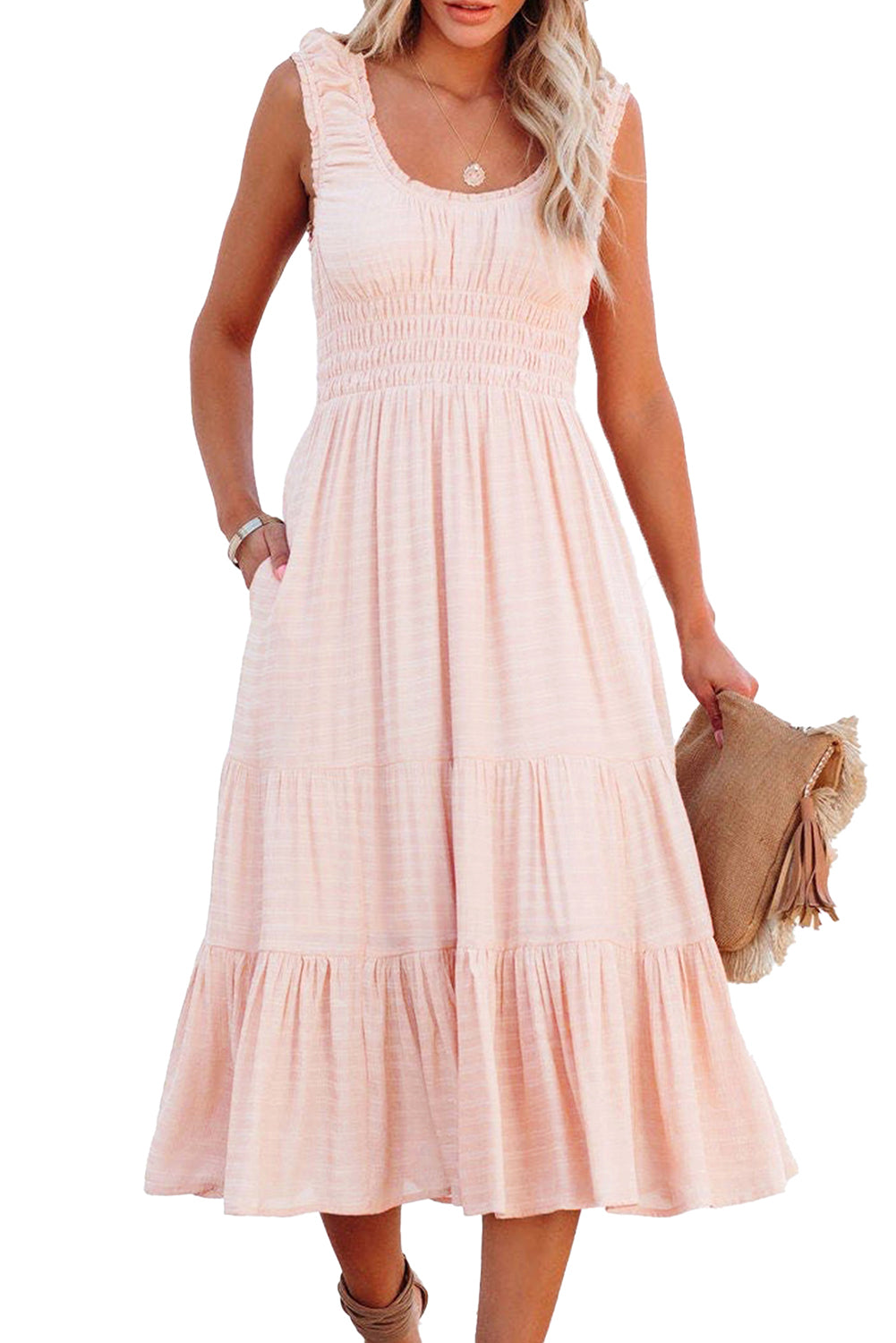 Smocked Ruched Sleeveless High Waist Midi Dress