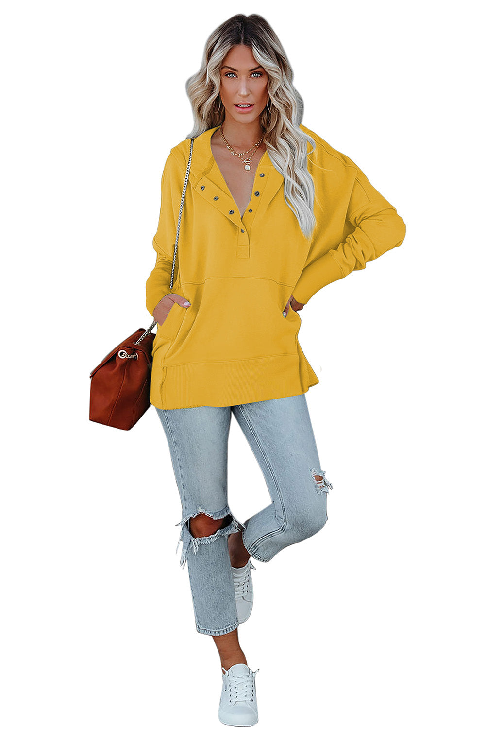 Turquoise Batwing Sleeve Pocketed Henley Hoodie