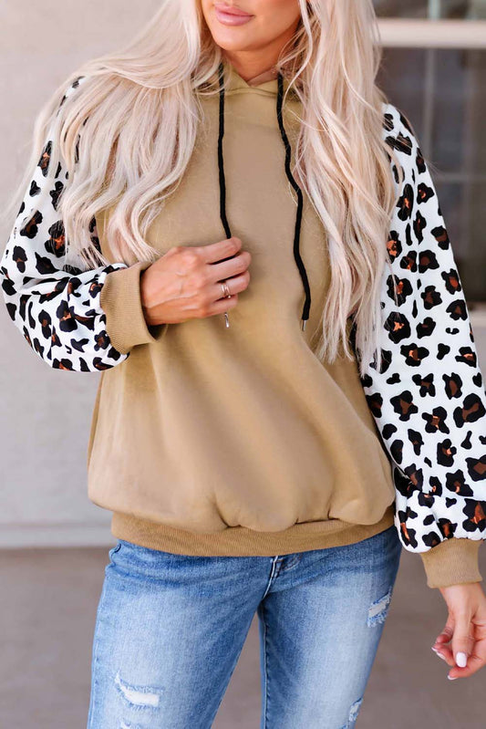 Leopard Bishop Sleeve Hooded Sweatshirt