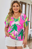 Tropical Leaf Print Plus Size V Neck Blouse