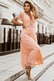 Pink V Neck High Waist Lace Maxi Dress