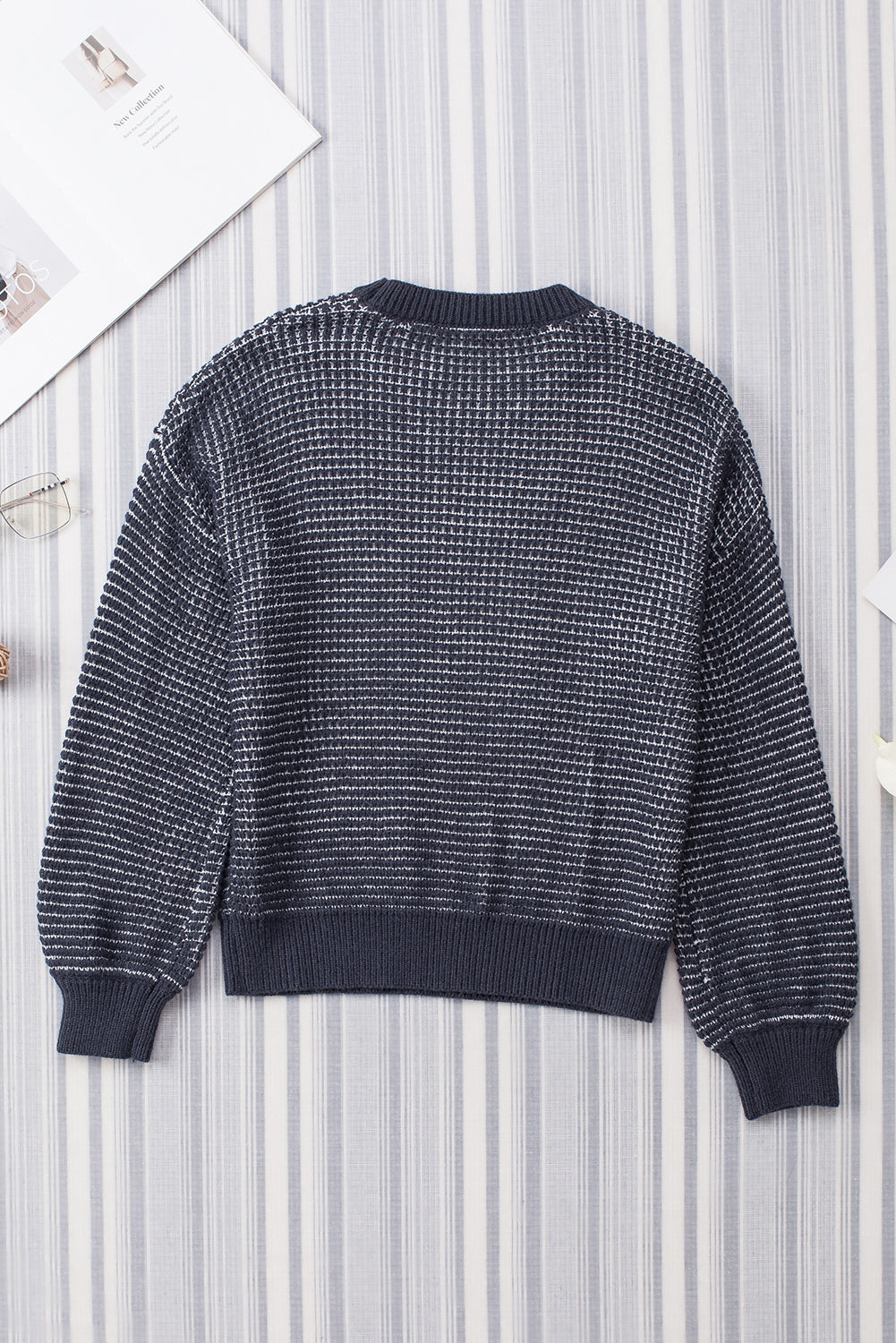 Blue Heathered Knit Drop Shoulder Puff Sleeve Sweater