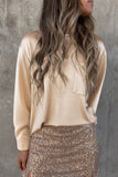 Glitter Chest Pocket Round Neck Long Sleeve Top