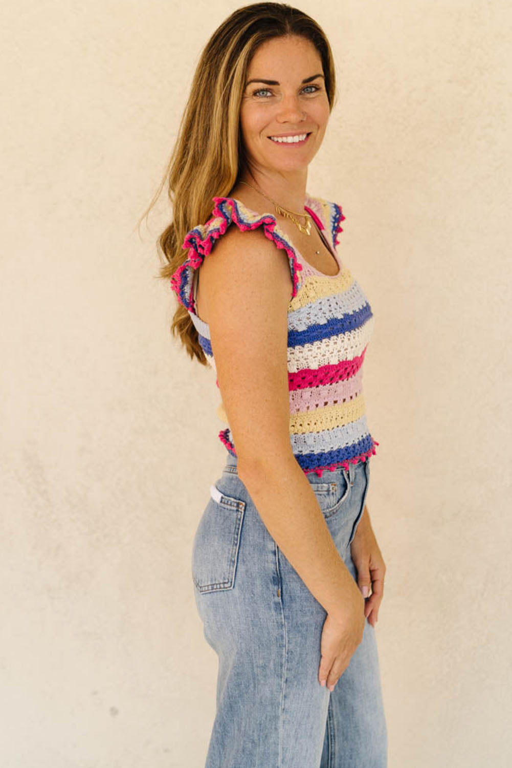 Stripe Square Neck Crochet Knit Crop Tank Top