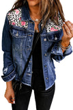 Blue Pattern Print Splicing Distressed Denim Jacket