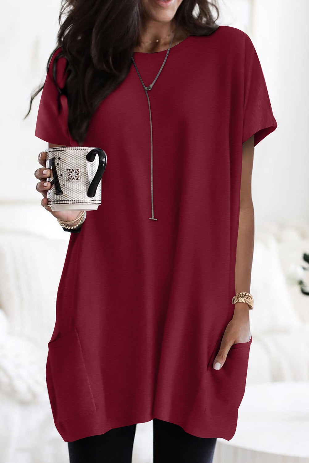 Side Pockets Short Sleeve Tunic Top