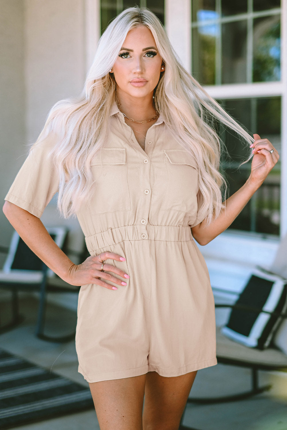 Flap Pockets Elastic Waist Romper