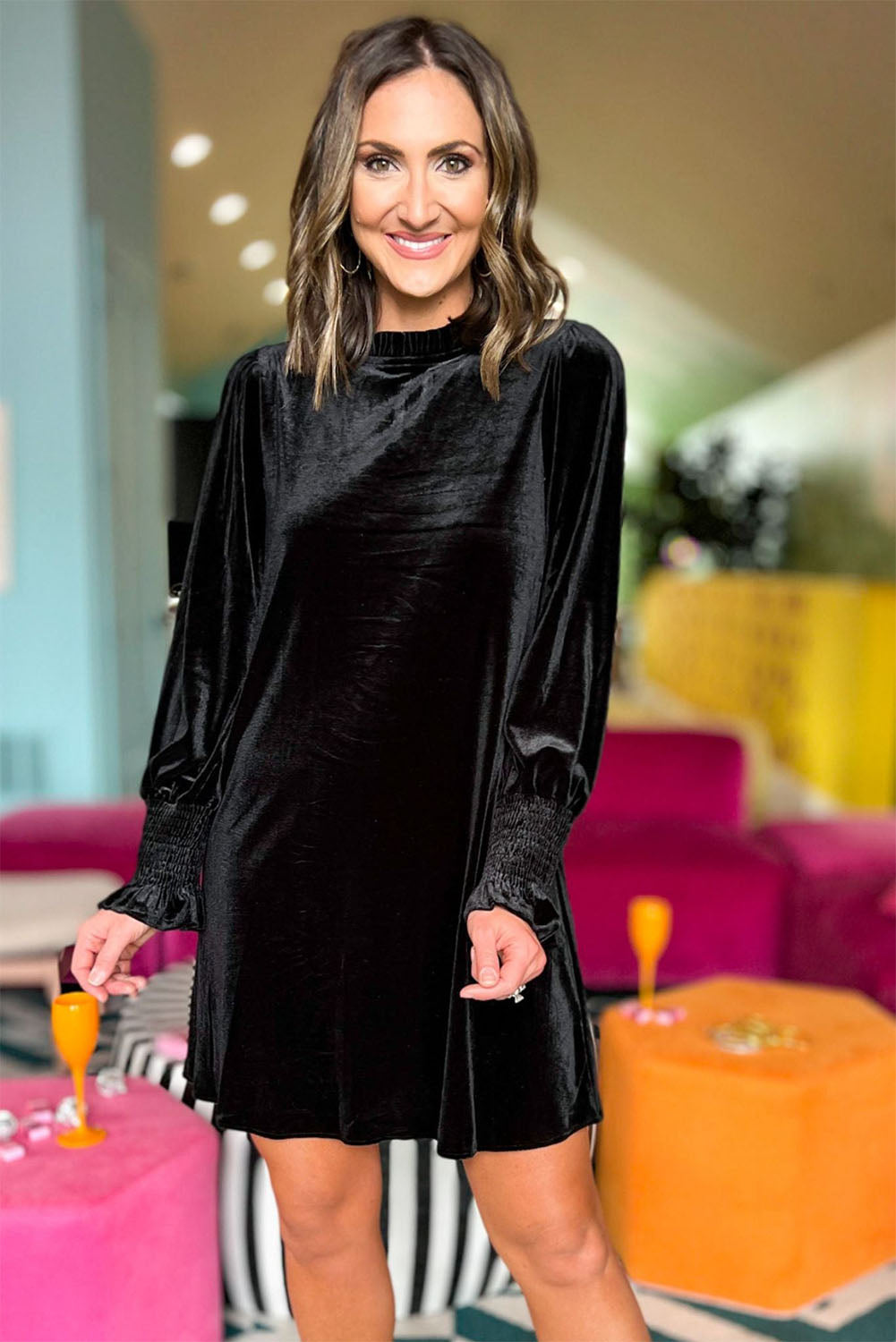 Velvet Frill Neck Long Sleeve Shift Dress