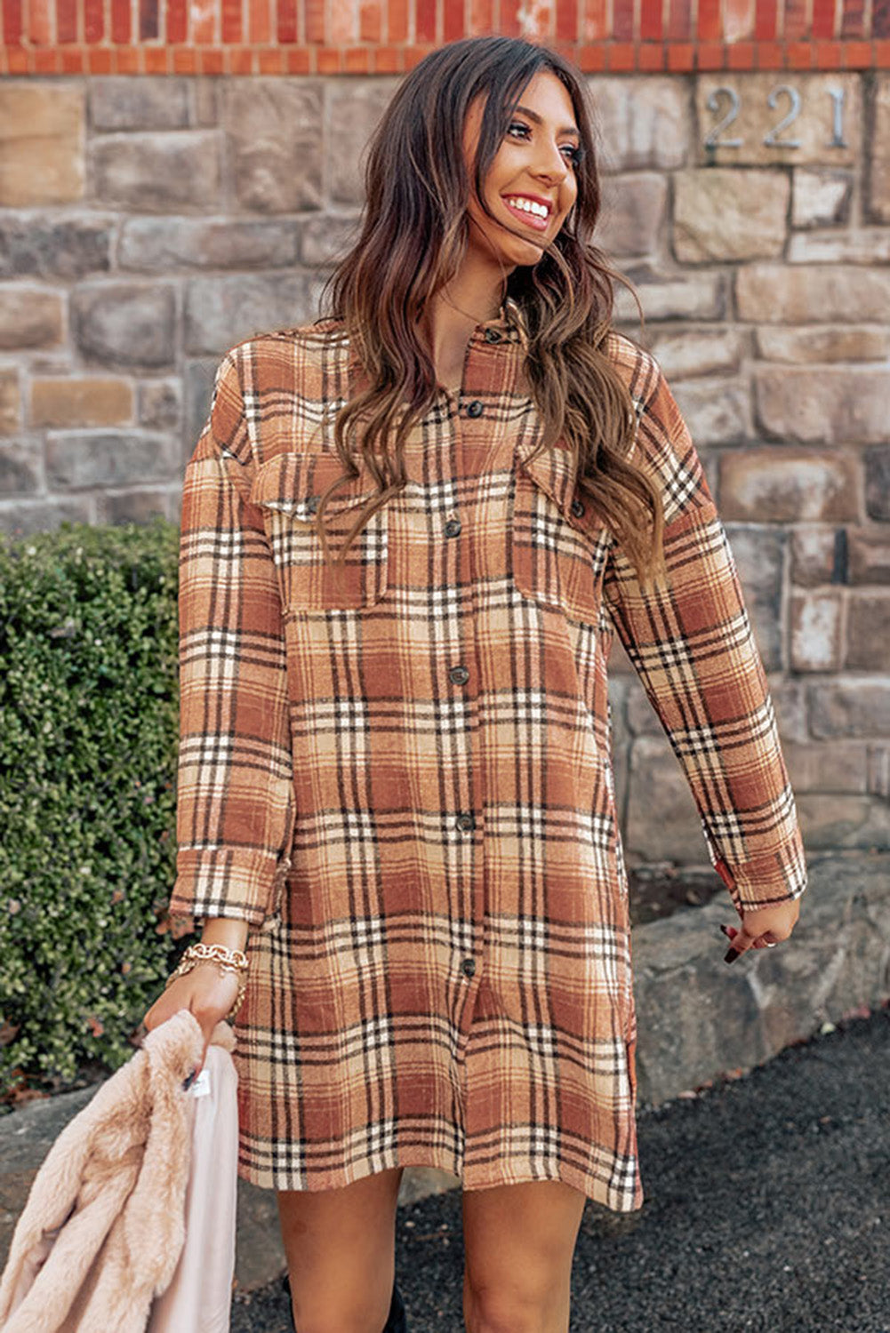 Plaid Button up Side Slit Shirt Dress