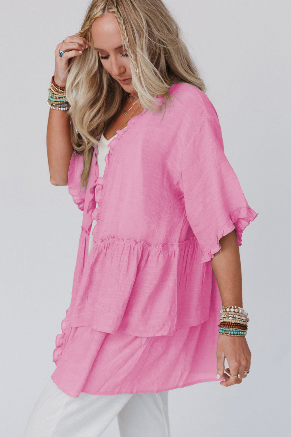 Ruffled Trim Half Sleeve Open Front Kimono