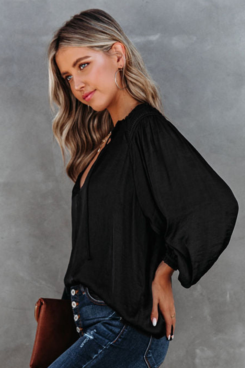 Pleated Balloon Sleeve Drawstring V-Neck Blouse