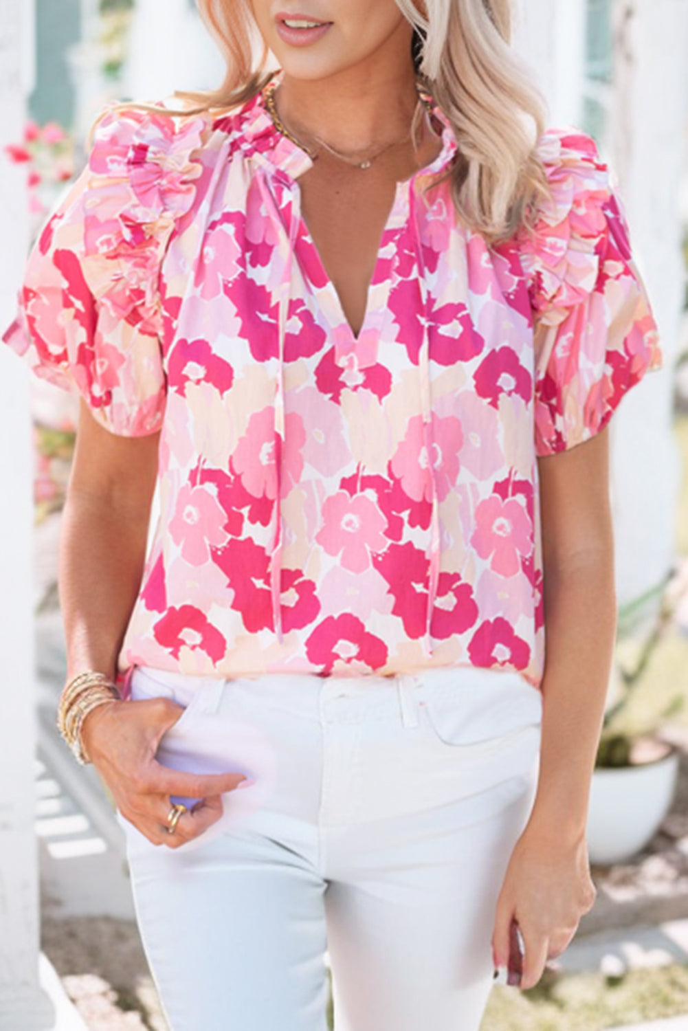 Split Neck Ruffled Puff Sleeves Floral Top