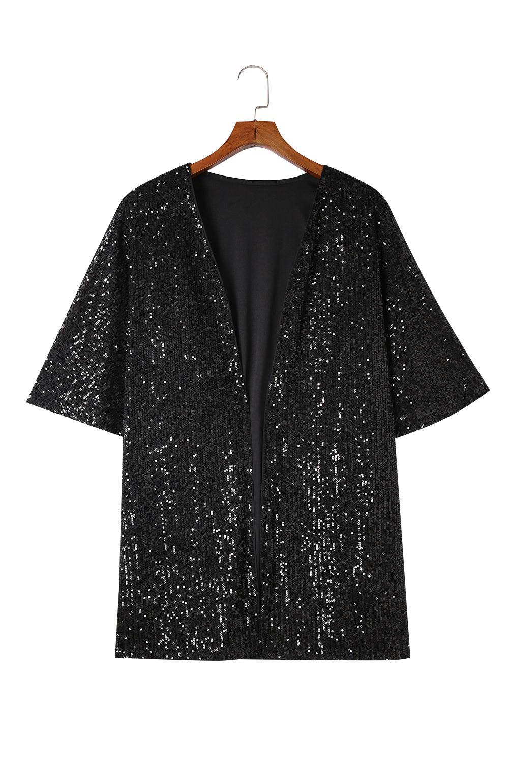 Luster Sequin Half Sleeves Draped Open Front Top