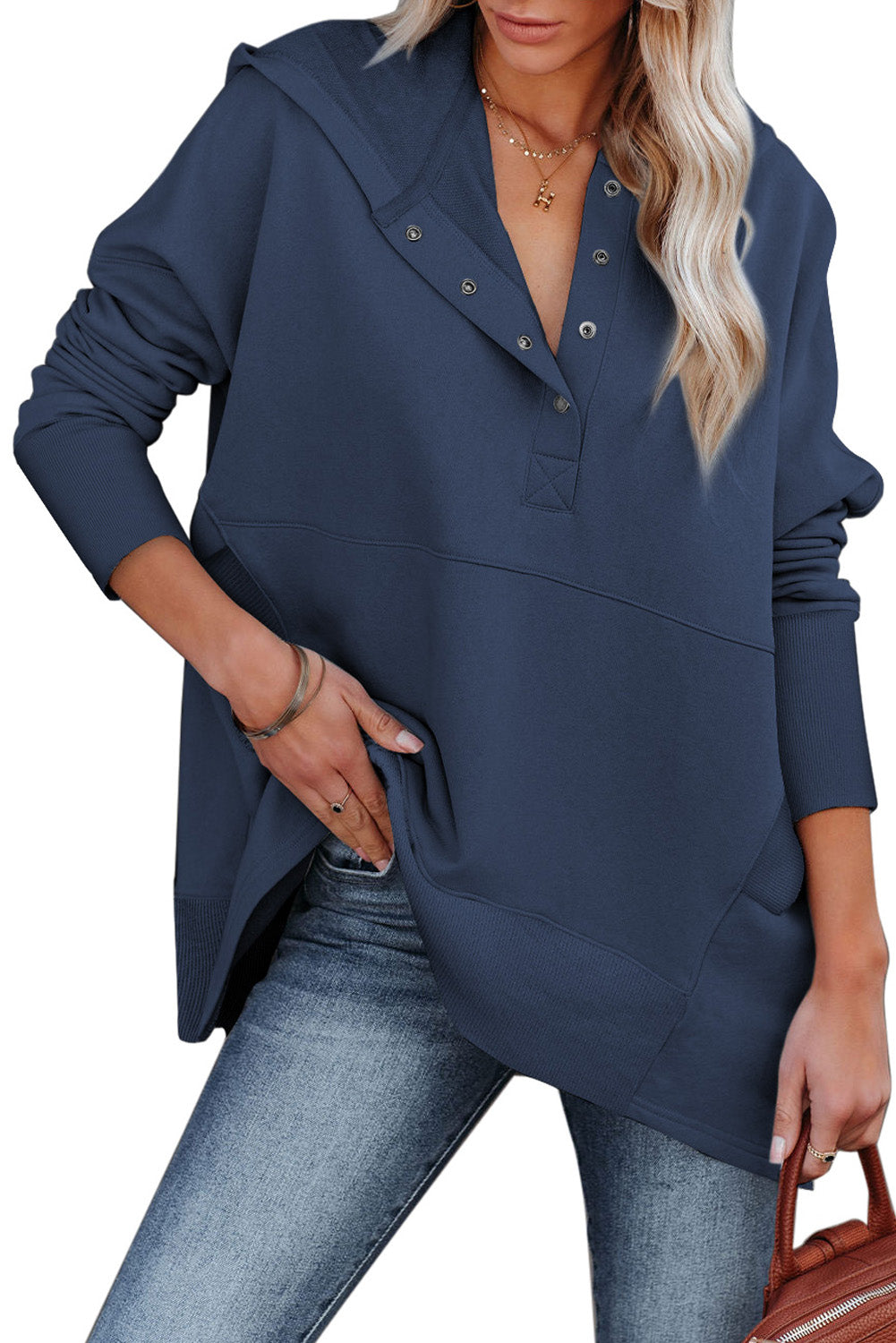 Turquoise Batwing Sleeve Pocketed Henley Hoodie