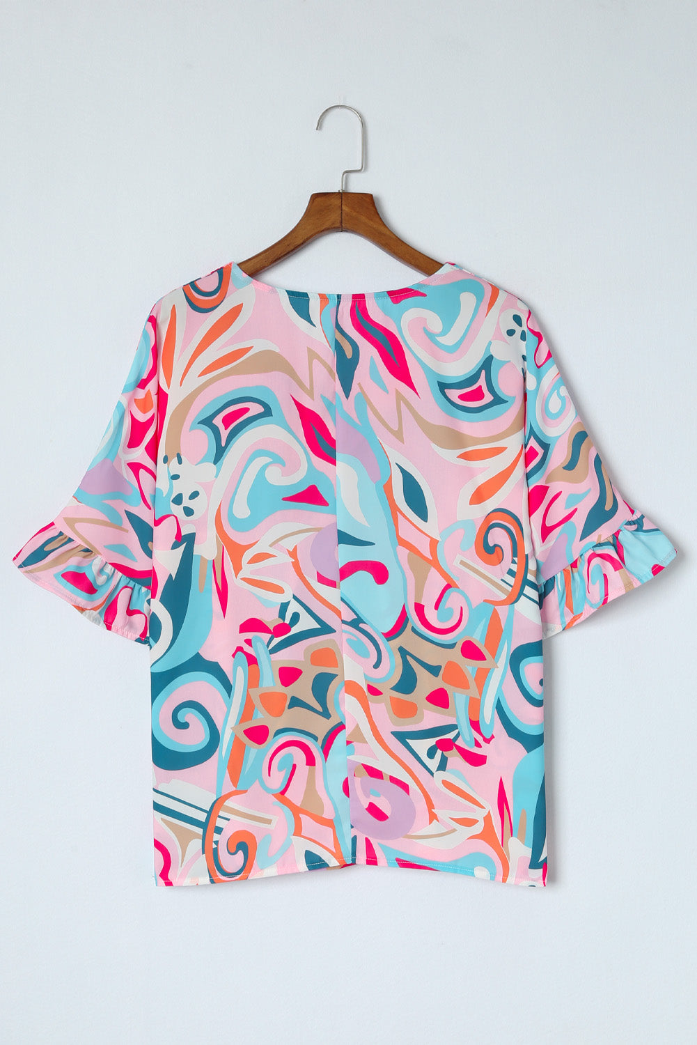 Abstract Print Ruffle V Neck Blouse