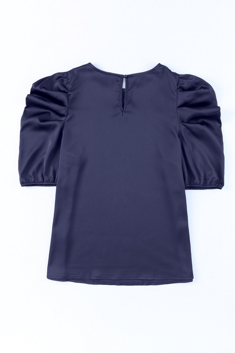 Dark Blue Ruched Puff Short Sleeve Satin Blouse