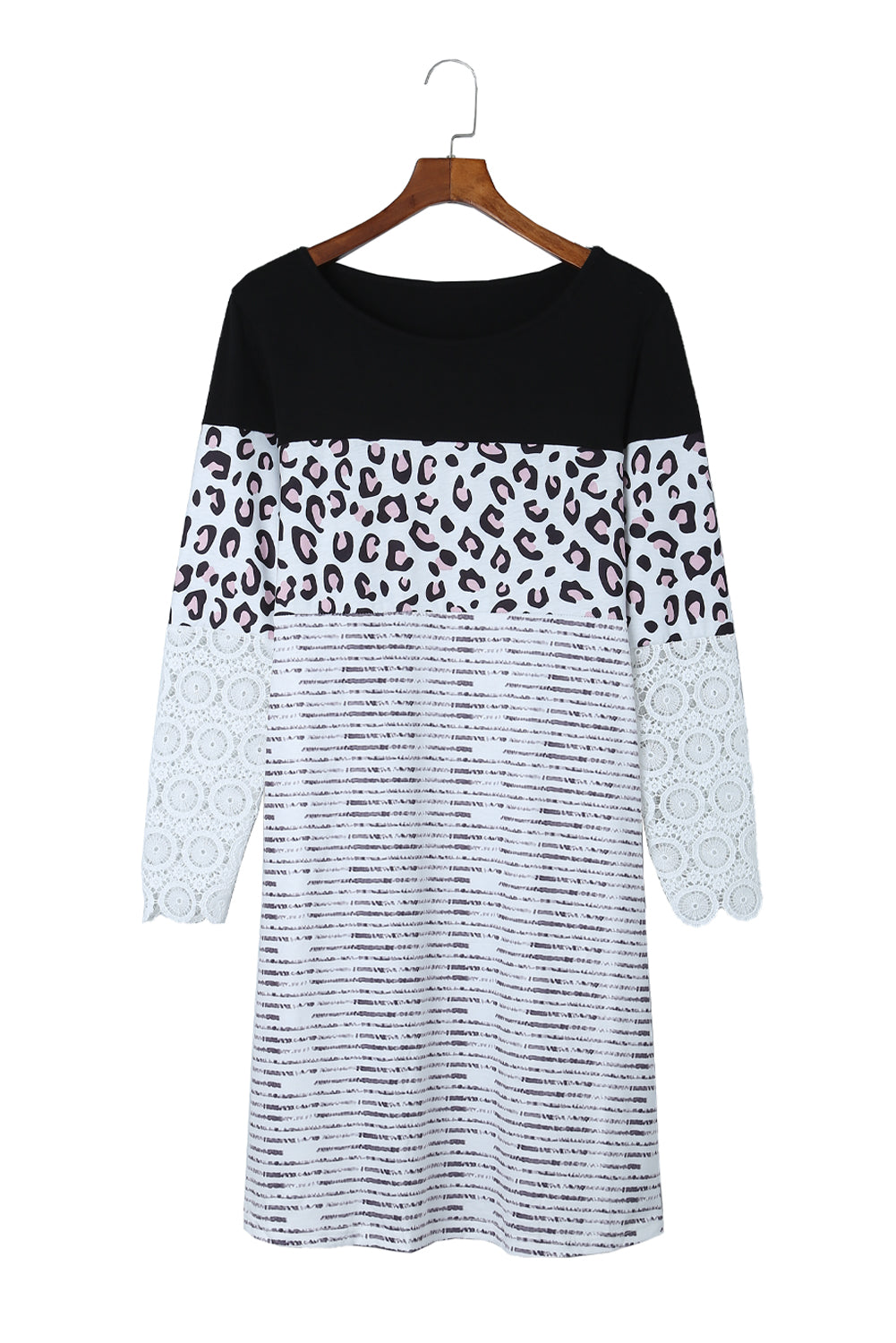 Striped Leopard Patchwork Lace T Shirt Dress