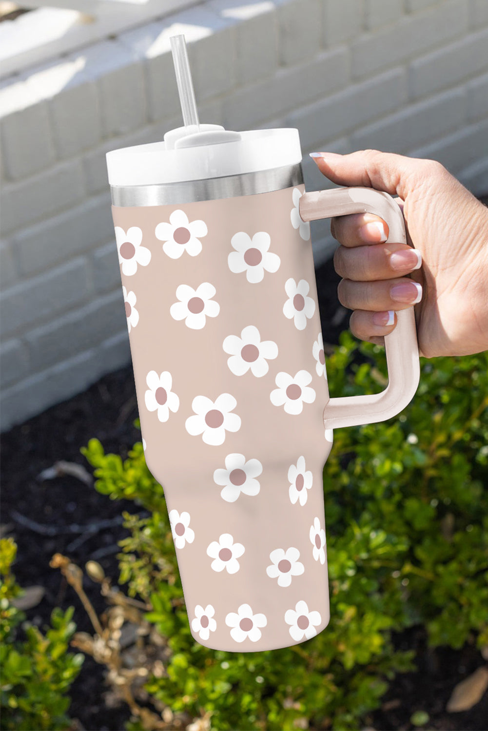 Floret Print Stainless Tumbler With Lid And Straw