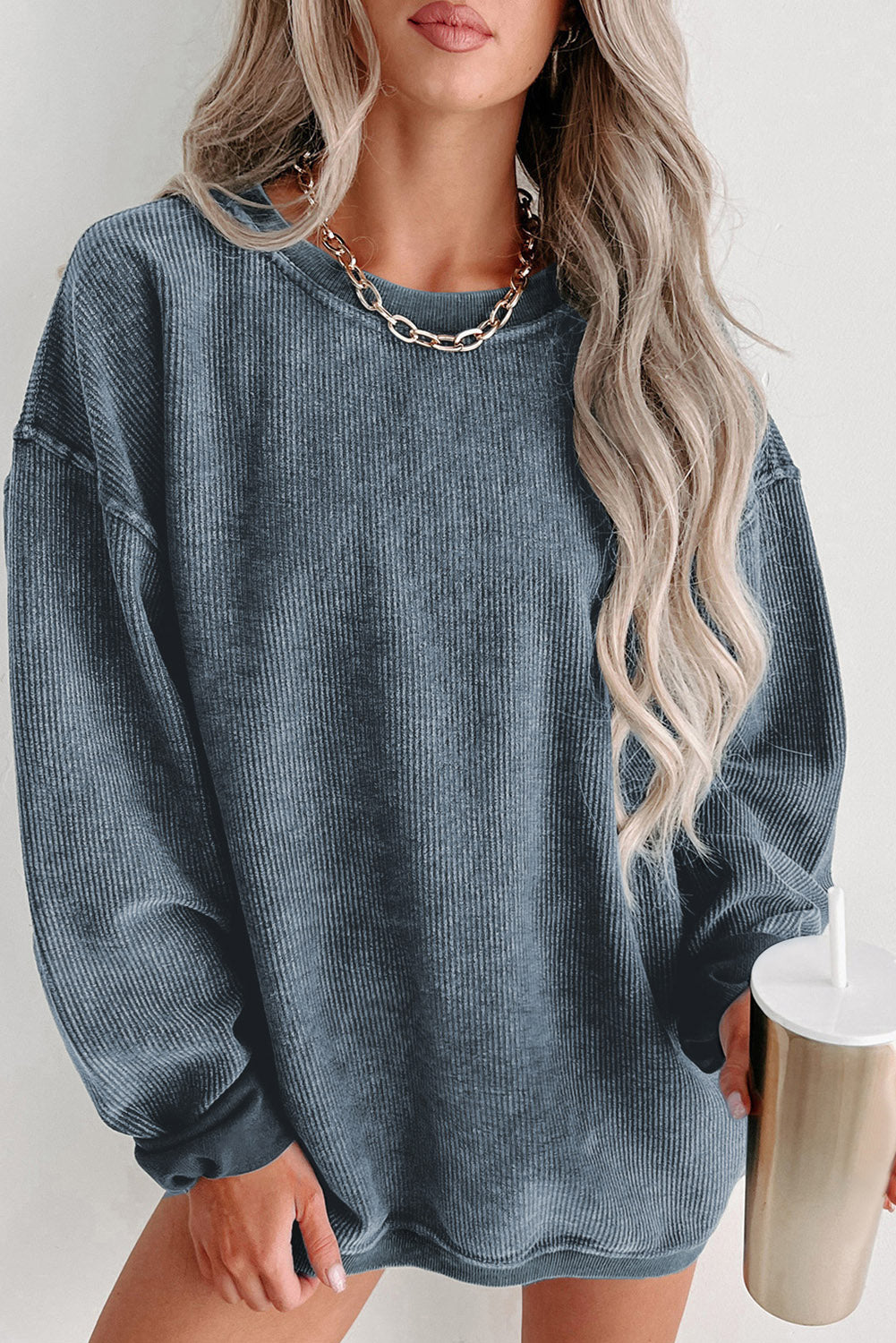 Pink Solid Ribbed Knit Round Neck Pullover Sweatshirt