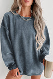 Pink Solid Ribbed Knit Round Neck Pullover Sweatshirt