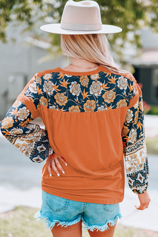 Boho Floral Print Balloon Sleeve Top with Lace Details