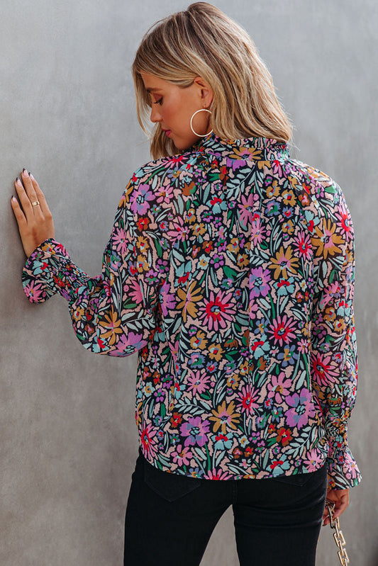 Floral Print Ruffled Long Sleeve V-Neck Blouse