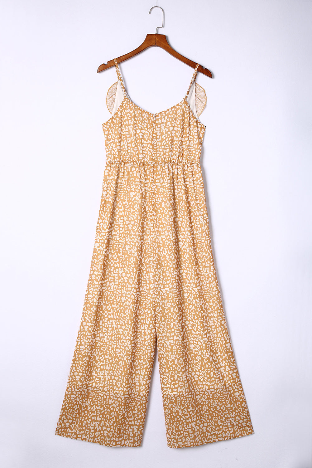 Leopard Print Drawstring Ruffled V Neck Jumpsuit