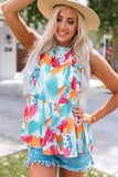 Brush Print Ruffle Trim Peplum Tank Top