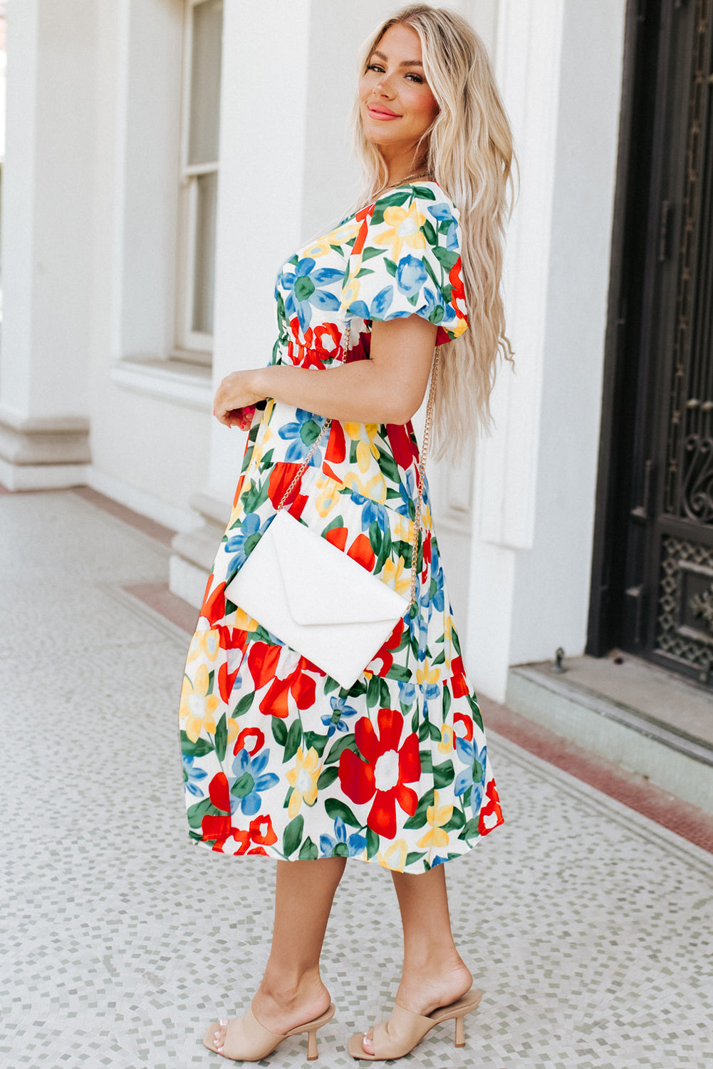 Flower Print Chest Pocket V Neck Blouse