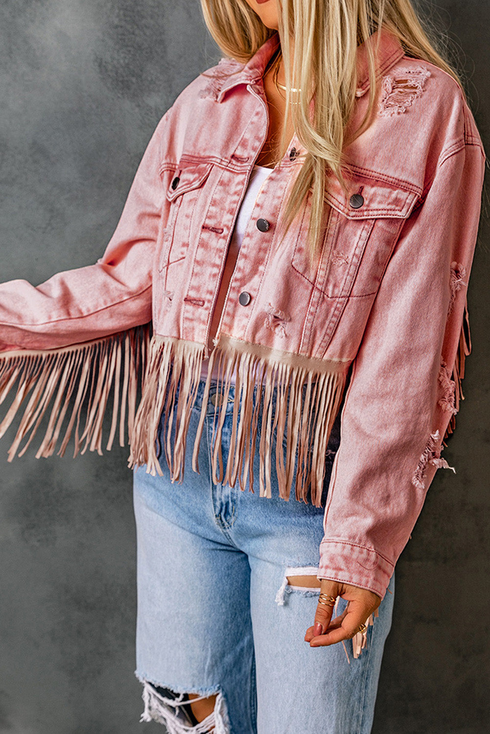 Distressed Fringed Cropped Denim Jacket